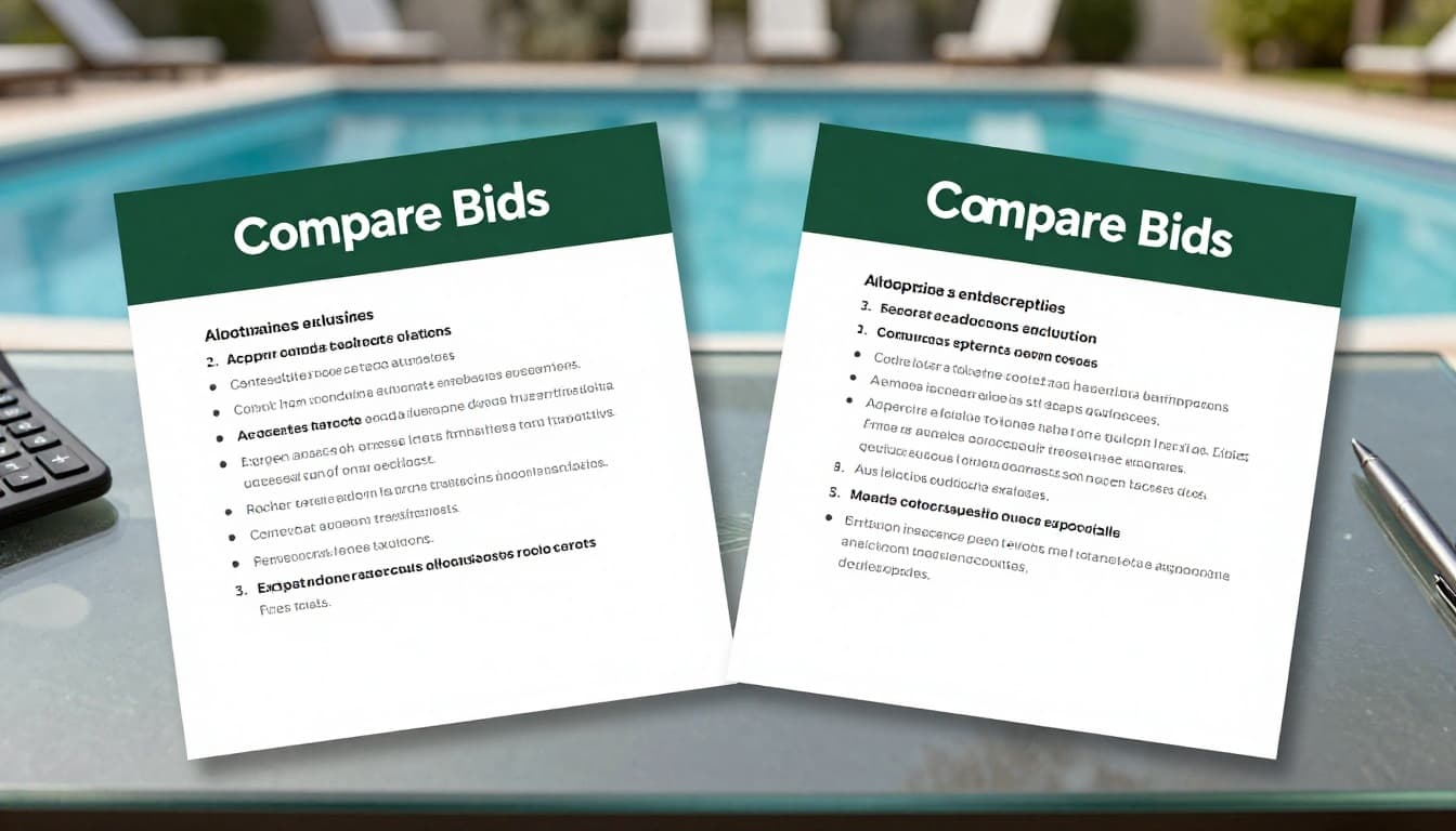 Two side-by-side printed pool estimates on glass table under dark-green 'Compare Bids' banner, calculator and pen nearby, blurred pool background.
