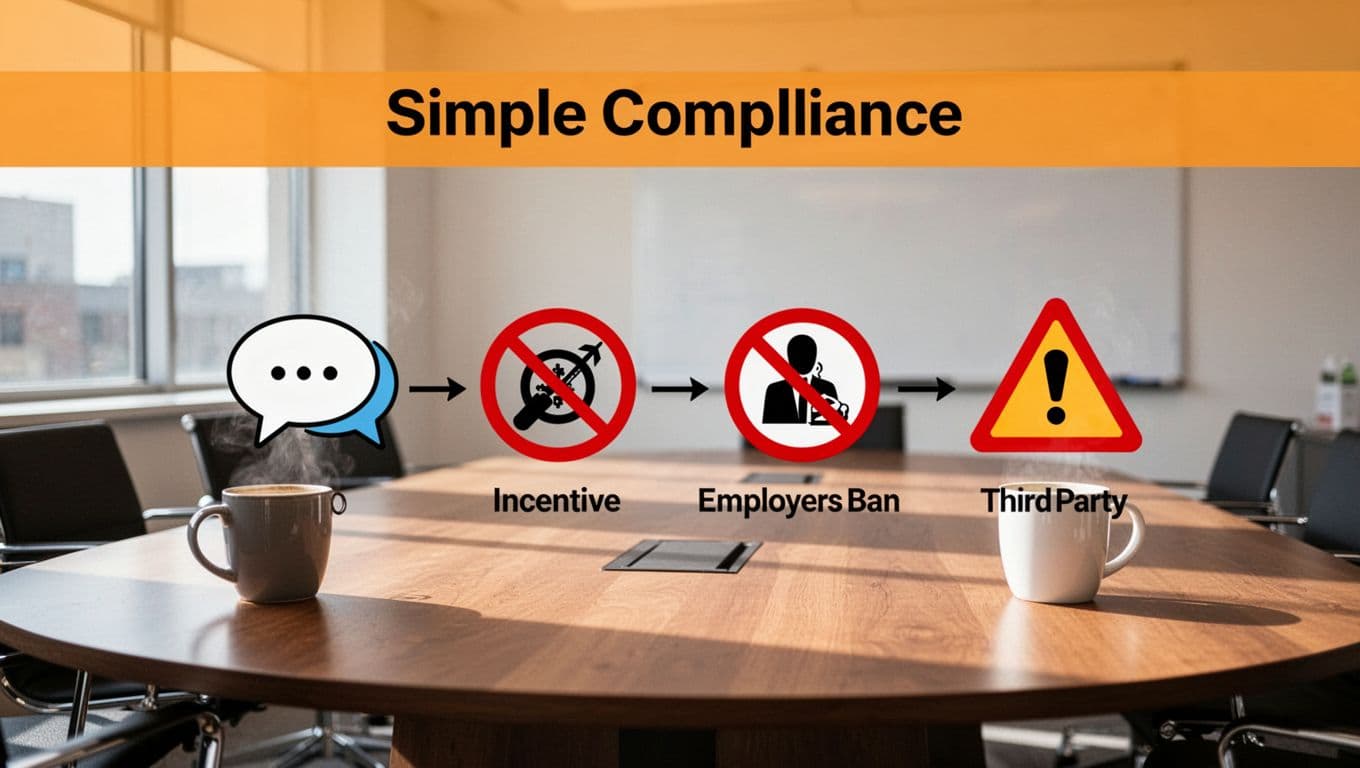Four icons—speech bubble, no-incentive cross, employee ban, third-party warning—in flowchart on conference table with coffee mug under window light, orange top band with 'Compliance Steps' headline at top.