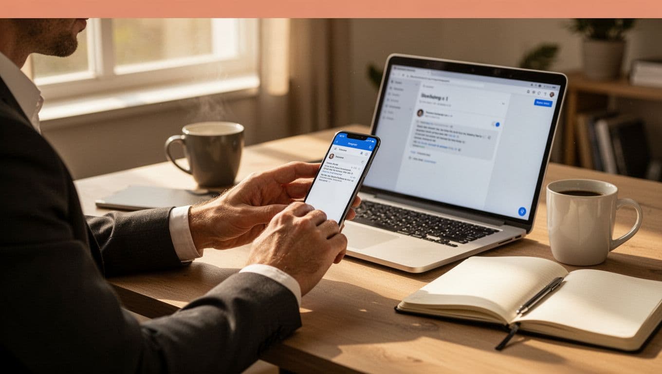 Business professional types on smartphone at desk, laptop shows email draft nearby, coffee mug and notebook in cozy office.