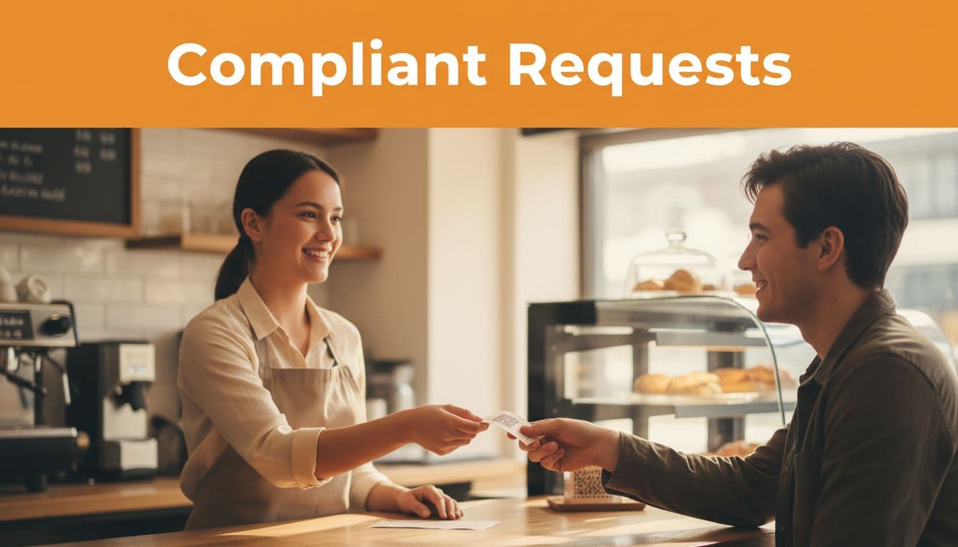 Orange band with 'Compliant Requests' above staff handing receipt to smiling customer at cafe counter.