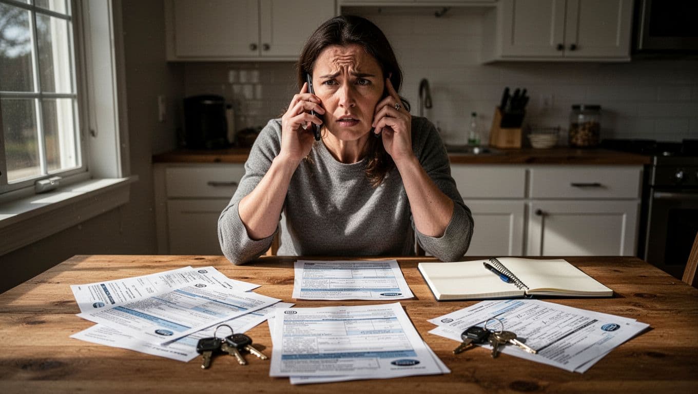 A single adult looks concerned while holding a phone to their ear at a wooden kitchen table cluttered with car insurance papers, keys, and a notepad, under natural light, with a bold 'Statement Traps' headline in a dark-green band at the top.