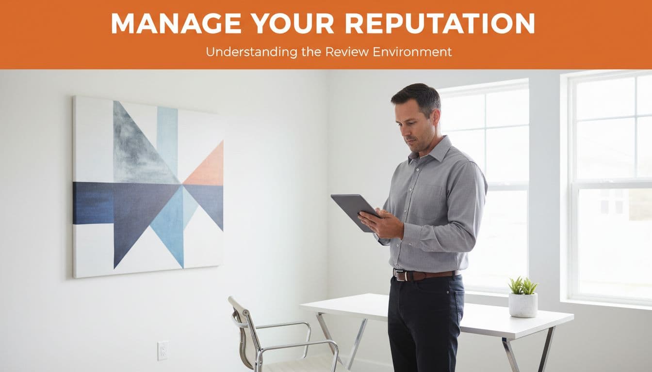 A professional contractor holds a tablet while reviewing business profiles in a bright modern home office.