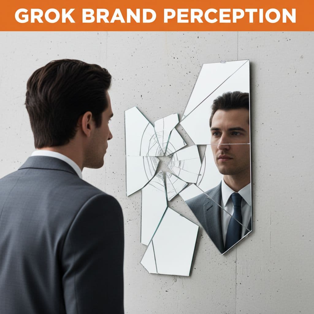 Business person views fragmented reflection in cracked mirror with orange 'Grok Brand Perception' band above.