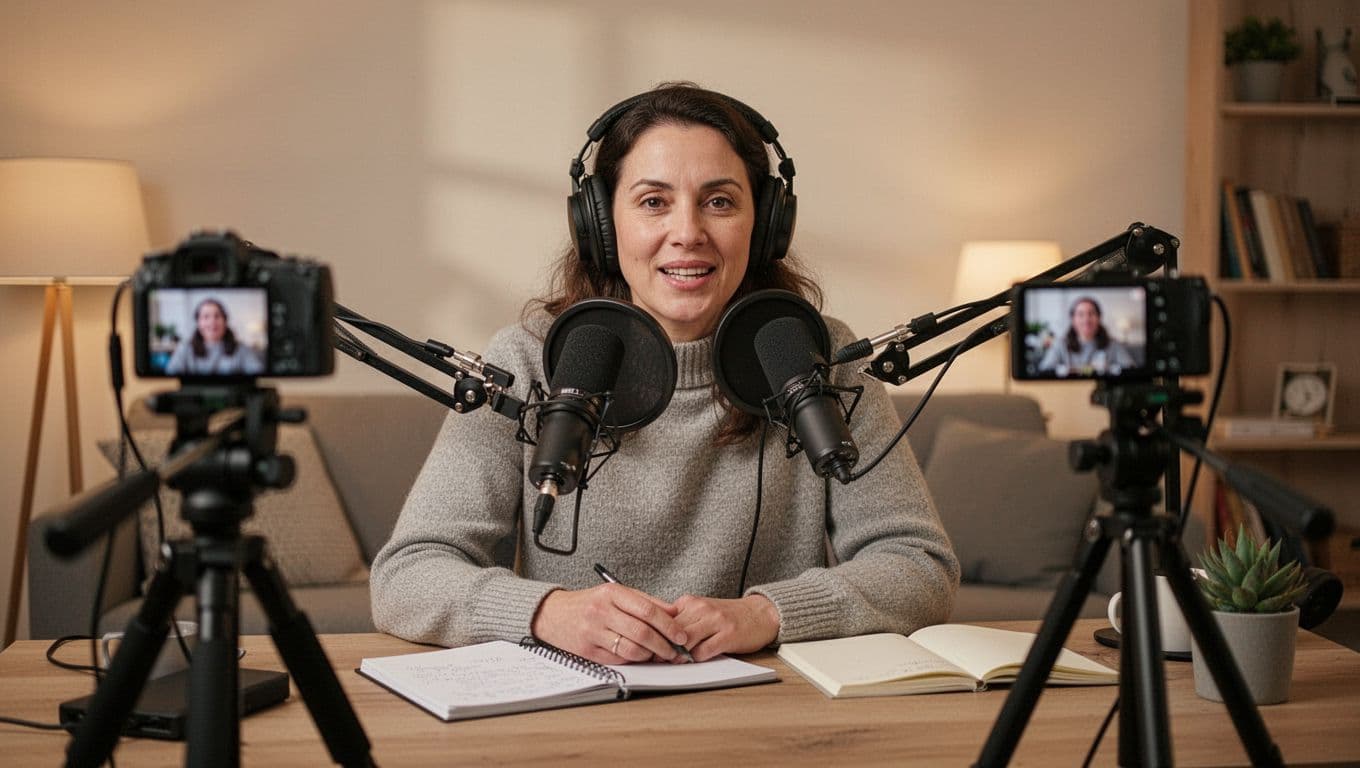 Person records in home studio with microphone, camera, and notes under warm lighting; orange band at top displays 'Create Content'.