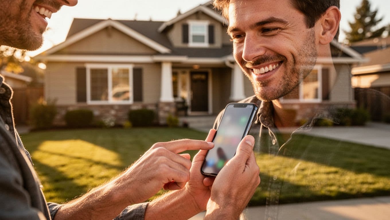 Satisfied customer holds smartphone with blurred review screen outside cozy post-service home.