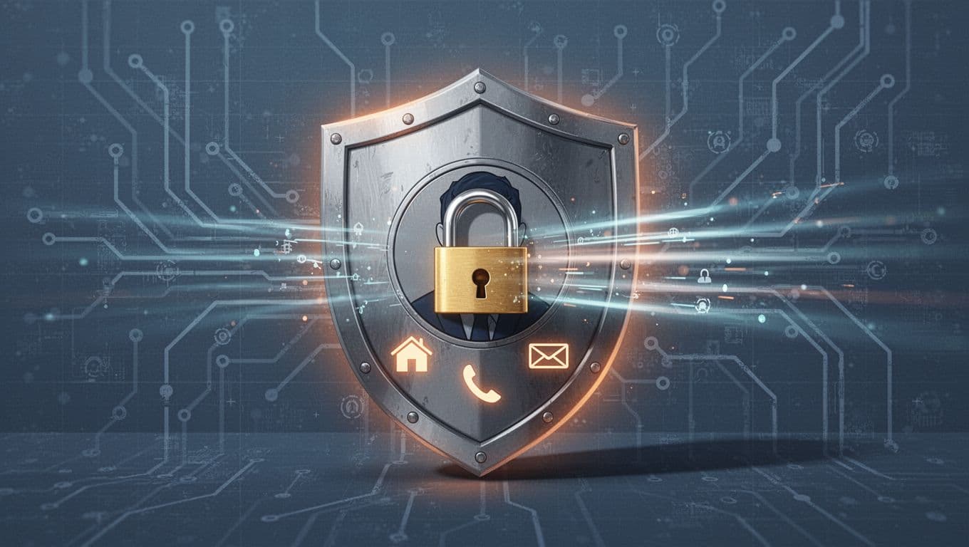 Minimalist vector illustration of a shield or locked padlock protecting a profile photo and data icons like home, phone, and email from digital scan beams in an abstract cyber security setting with blue tones and orange accents. Bold 'Protect Long-Term' headline in geometric sans-serif font on an edge-to-edge orange color band.