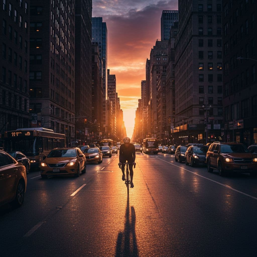 A cyclist rides a bicycle down a bustling urban street during a dramatic sunset.