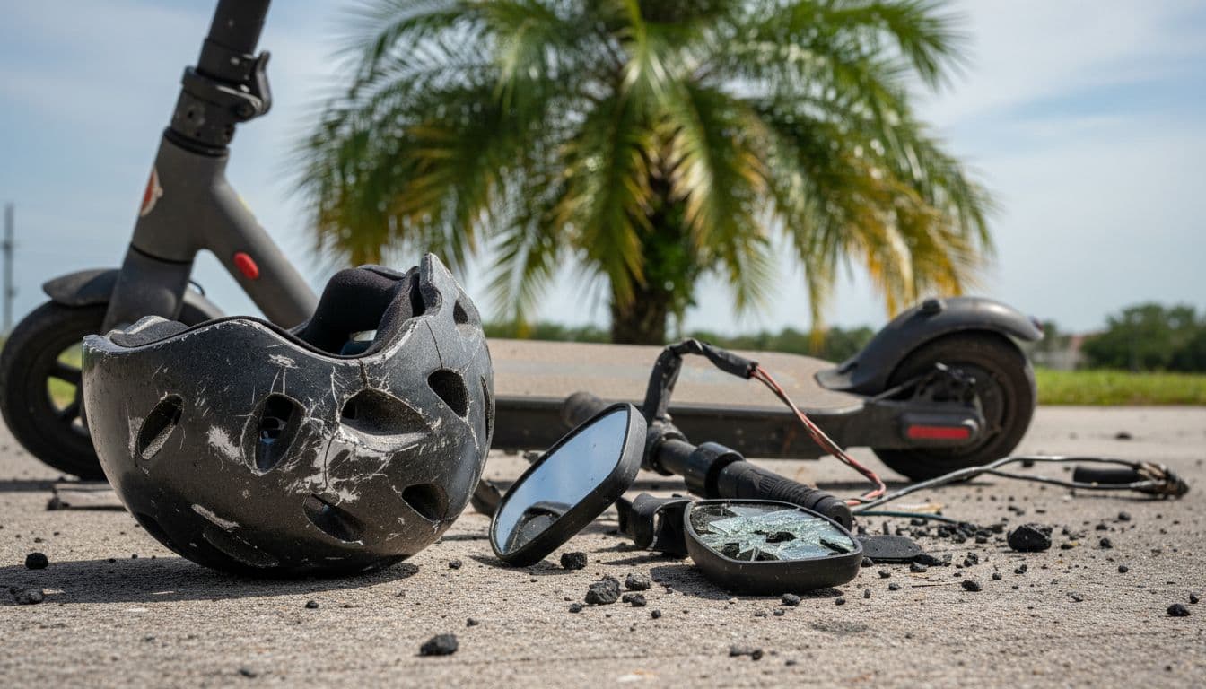 Close-up of damaged electric scooter helmet and parts on pavement after an accident, with road rash visible on the scooter and blurred South Florida palm fronds in the background, realistic style with natural outdoor lighting.