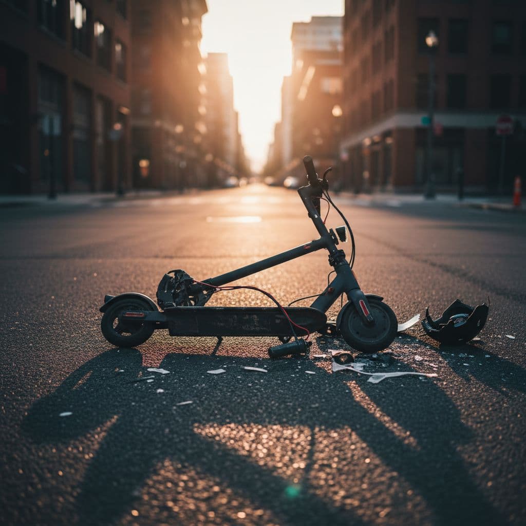 An electric scooter lies on its side on a paved urban street during the afternoon.