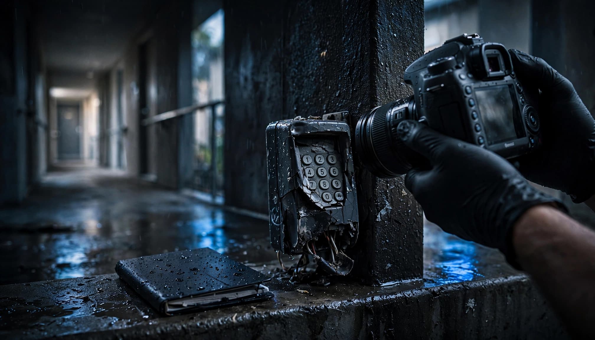 A gloved hand photographs a damaged entry reader beside an evidence notebook.