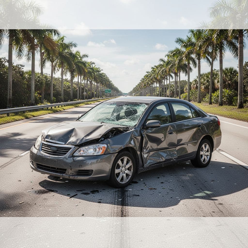 A single damaged sedan sits on a sunlit Florida road following a vehicle accident.