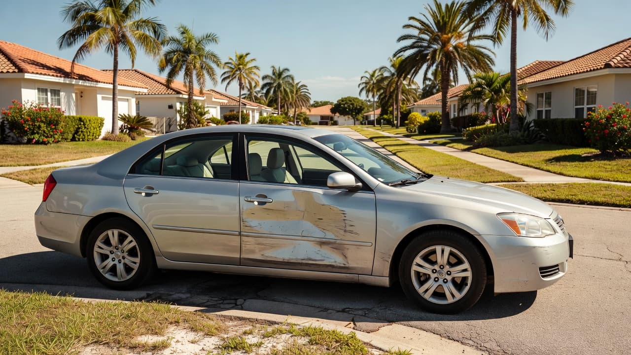 A silver sedan with a badly dented driver-side door parked on a sunny residential street.
