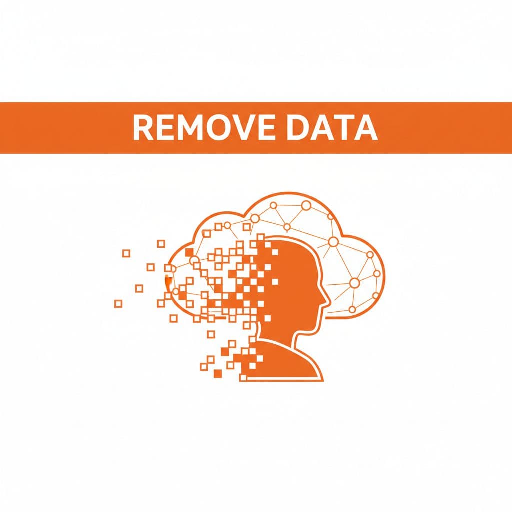 Orange 'REMOVE DATA' banner above profile icon dissolving into digital particles in cloud network.