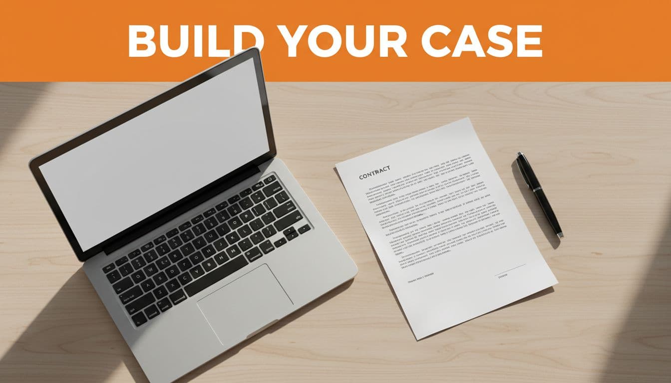 A clean desk features a laptop, a printed contract, and a pen under a bold editorial headline.