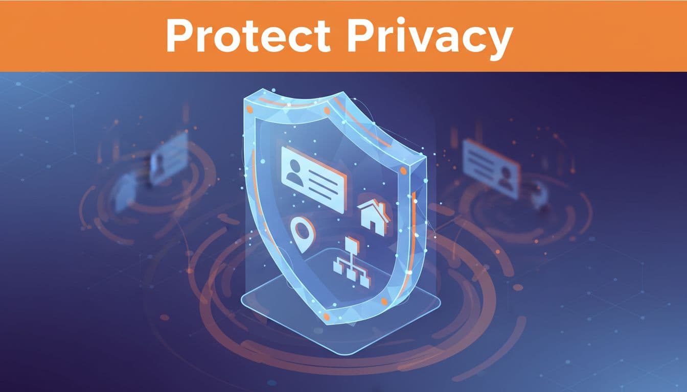 Digital shield guards icons of names, addresses, and family trees in isometric vault space, under orange 'Protect Privacy' banner.
