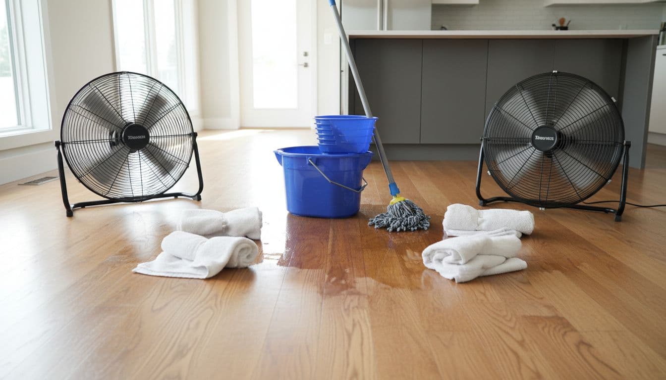 Hardwood kitchen floor partially wet from dishwasher leak, drying with mop bucket, two fans, and towels absorbing water in bright natural light.