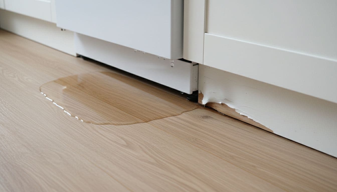 Close-up view of water pooling on kitchen floor under a white dishwasher, showing wood warping and cabinet base swelling from leak damage, in realistic photography style.