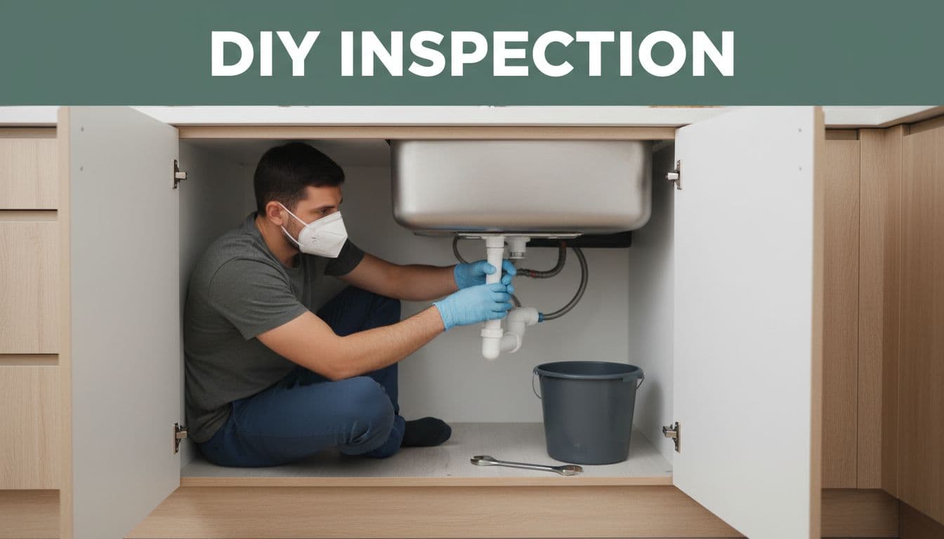Homeowner wearing PPE gloves and mask inspects AC drain line under kitchen sink with tools nearby, in bright indoor lighting, demonstrating safe DIY clog check.
