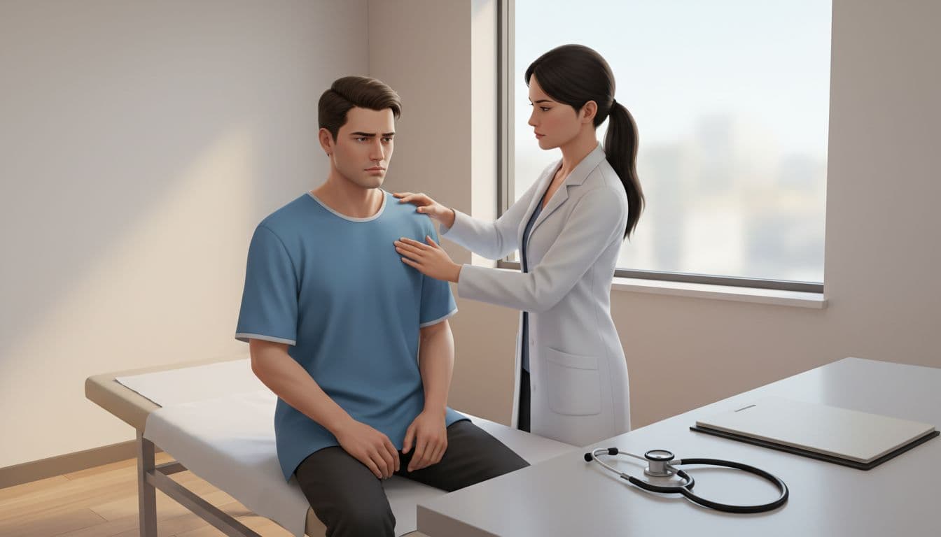 Doctor examines seated patient's shoulder in modern clinic, patient grimaces slightly, stethoscope and charts nearby.