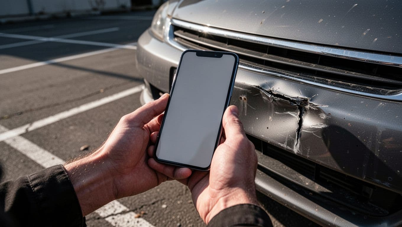 A close-up view shows a hand holding a smartphone to capture a sharp, detailed photo of a cracked car bumper. The parking lot environment features dramatic shadows and high-contrast lighting.