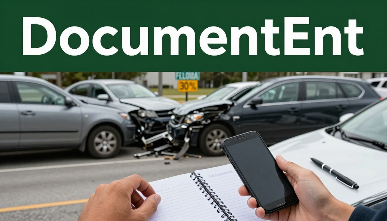 Person holds smartphone photographing damaged vehicles from left-turn crash, Florida street sign behind, notebook and pen nearby, top green banner reads 'Document Everything'.