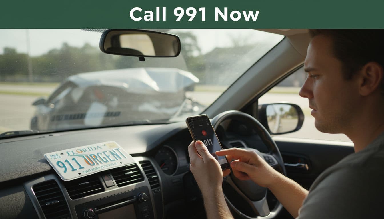 Concerned driver in car interior holds phone dialing 911, dashboard shows Florida license plate closeup, dark-green top banner reads 'Call 911 Now'.