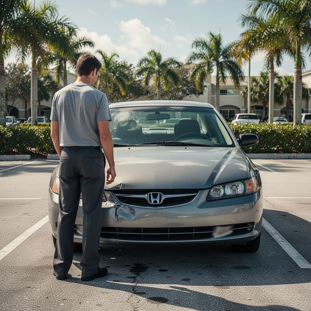 A person stands beside a silver car in a sunny parking lot, examining a dent on the rear bumper. Warm sunlight casts deep shadows across the pavement after a minor collision.