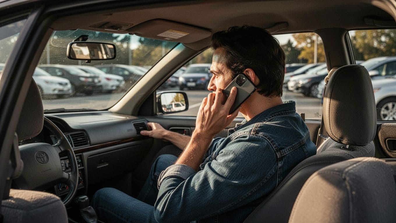 A calm individual sits within a vehicle interior while holding a smartphone to their ear. High-contrast lighting highlights the silhouette against the blurred background of an outdoor parking lot setting.
