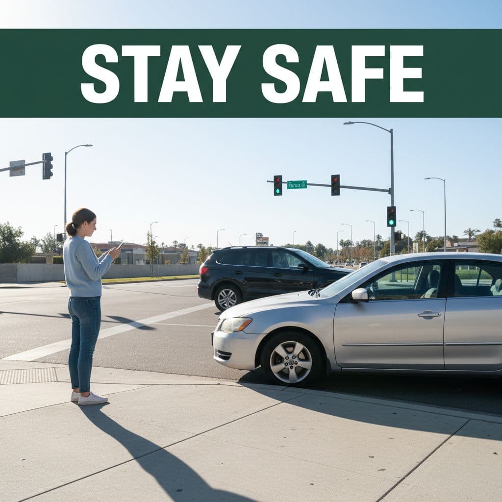 A calm person stands on a sidewalk next to a damaged vehicle at an intersection.
