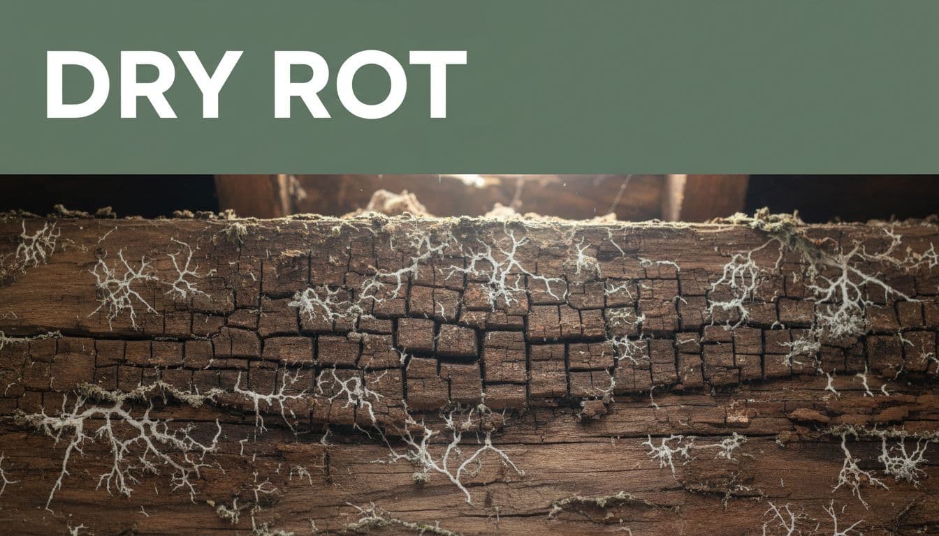 Close-up of a decayed wooden structural beam in a humid Florida attic, showing white thread-like fungal mycelium strands spreading across dark brown crumbly wood with cubical cracking, lit by soft natural light from a roof leak.