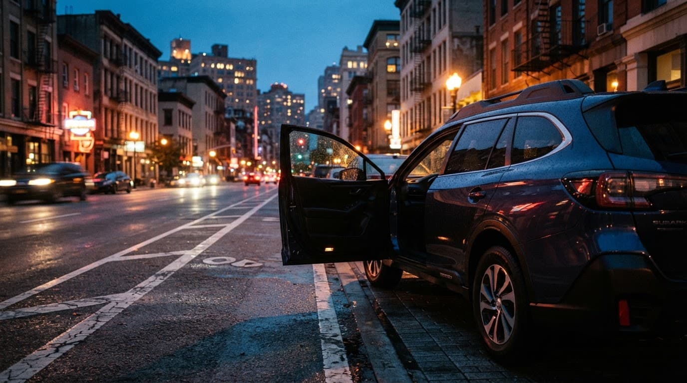 A parked car reflects streetlights on a city road at dusk.
