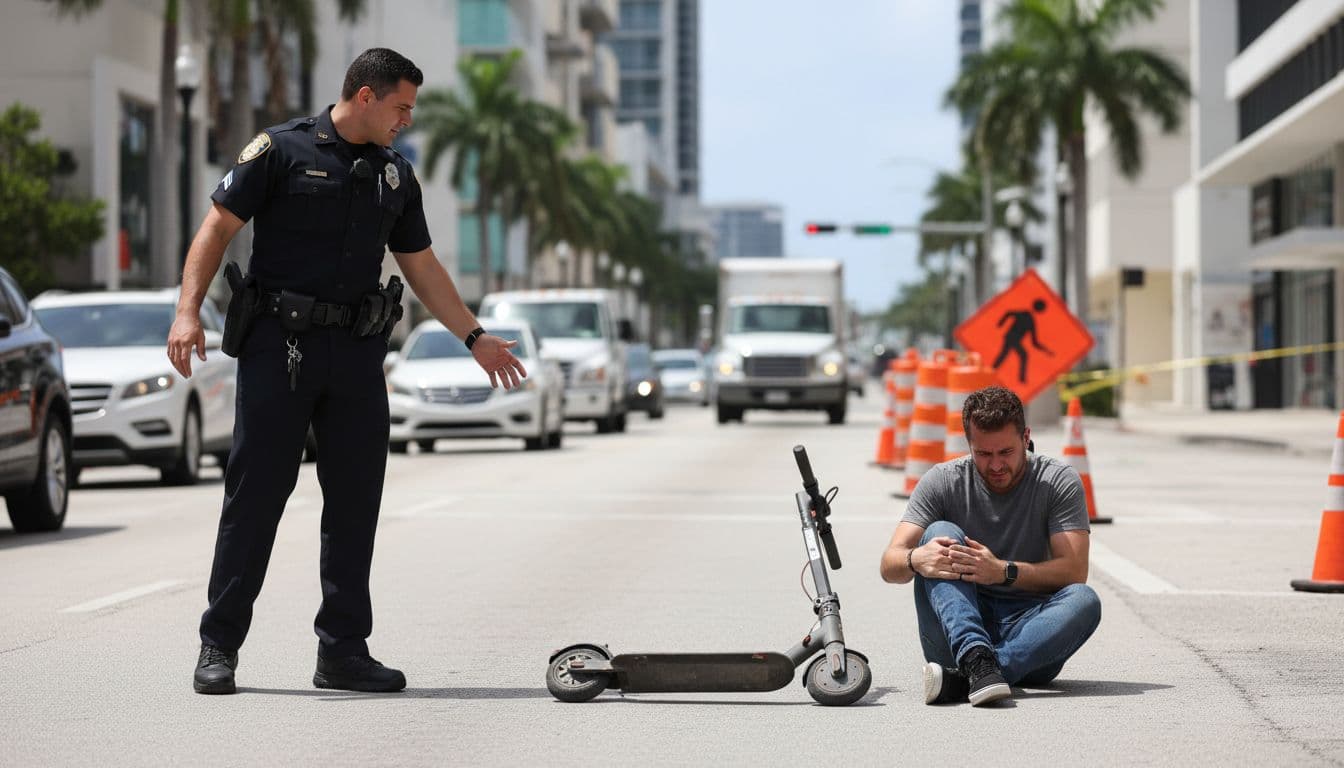 A rider sits beside a tipped-over electric scooter after a minor crash on a Fort Lauderdale road, holding their knee in pain, while a police officer approaches amid urban traffic and construction signs.