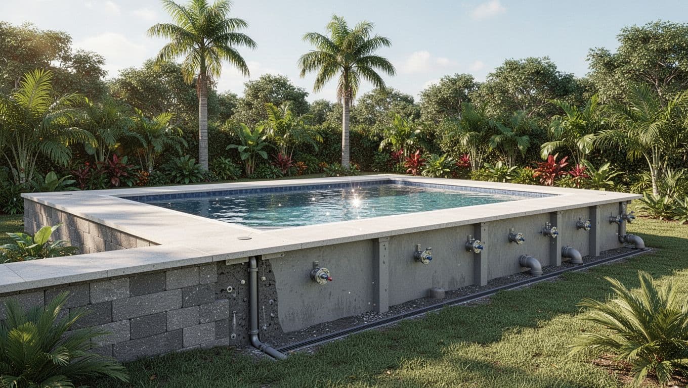 Elevated paver deck around inground pool shows French drain, retaining wall, and hydrostatic valves amid tropical plants.