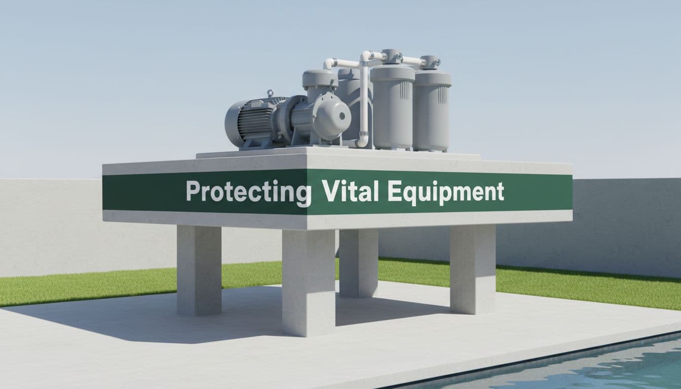 A pool filtration system mounted on an elevated concrete pad for flood protection.