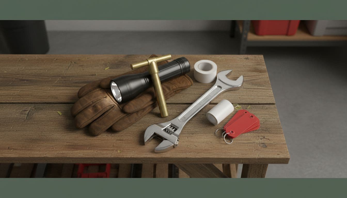 Neatly arranged assortment of emergency water shutoff tools including meter key, flashlight, work gloves, adjustable wrench, labels, and tags on a wooden workbench in a well-lit garage, photorealistic top-down view.