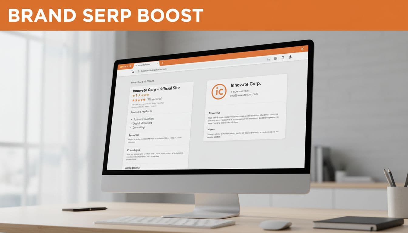 Angled screen on an office desk showing an enhanced brand search results page with knowledge panel, organization logo, contact info, and rich snippets in a bold branded editorial style.