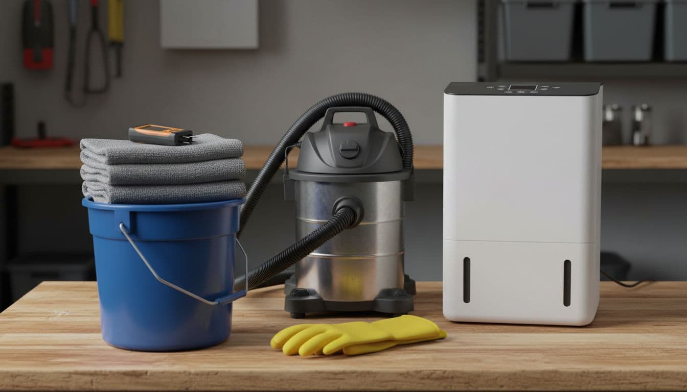 Neatly arranged cleanup tools on a garage workbench, including wet dry vac, absorbent towels, box fan, dehumidifier, bucket, moisture meter, and rubber gloves, in a realistic product photo style with soft even lighting.