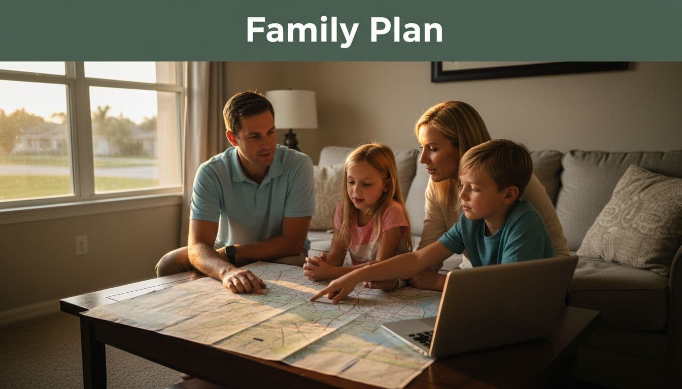A family of four sits relaxed in a Cape Coral living room around a table with a printed evacuation map, a laptop nearby, warm evening light filtering through windows. Bold 'Family Plan' headline in Montserrat Black font on a muted dark-green band at the top.