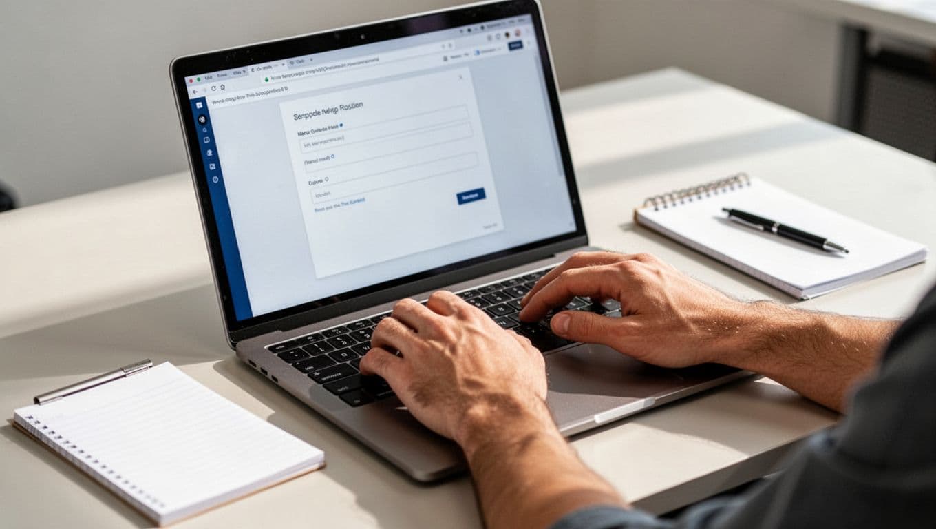 Close-up of hands typing on a laptop keyboard into a web form with 'Start Removal' headline in bold orange band, office desk with notepad, photorealistic style.