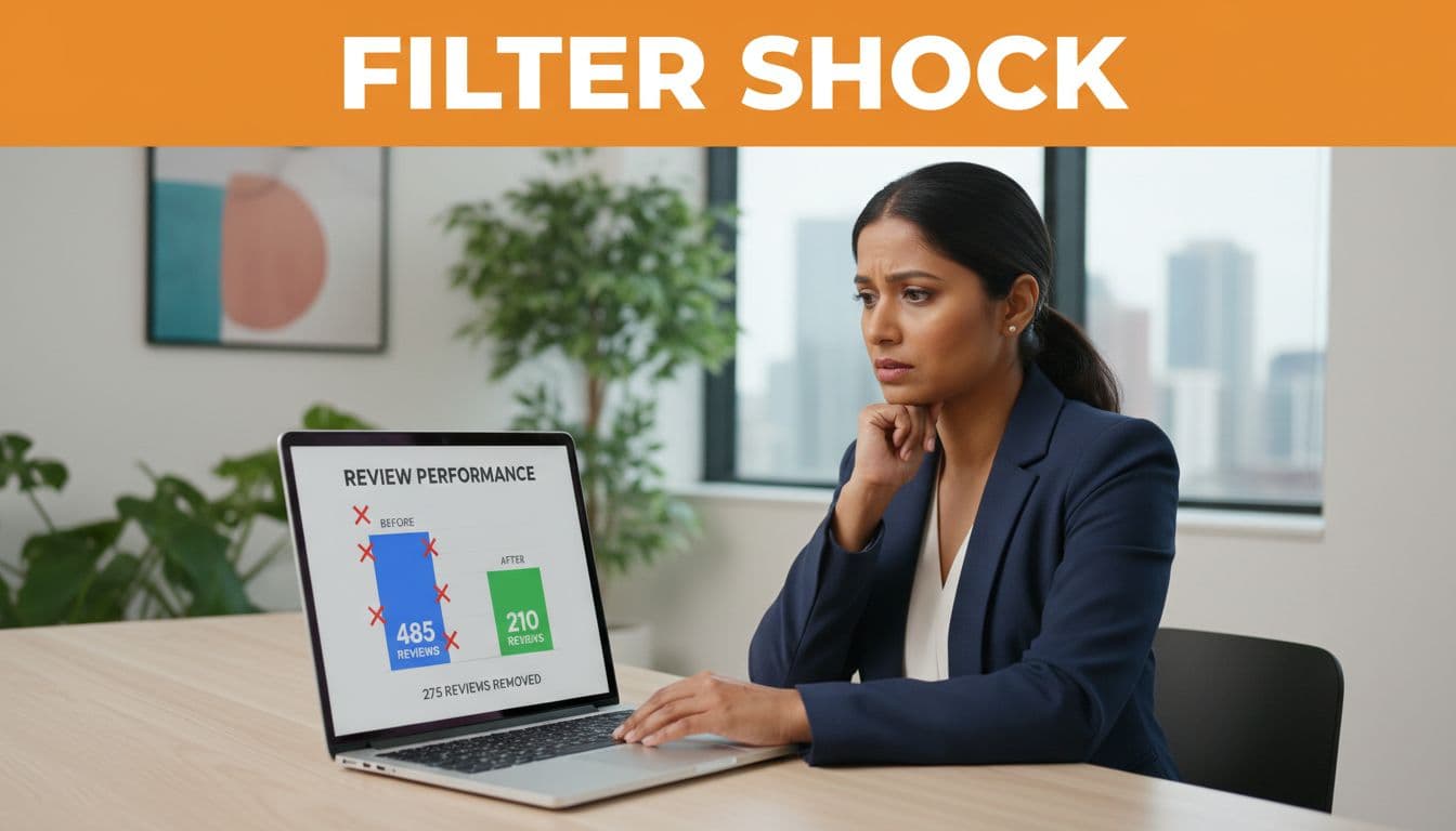 Business owner in bright office sits at desk viewing laptop screen with Google Business Profile showing crossed-out reviews and Filter Shock headline.