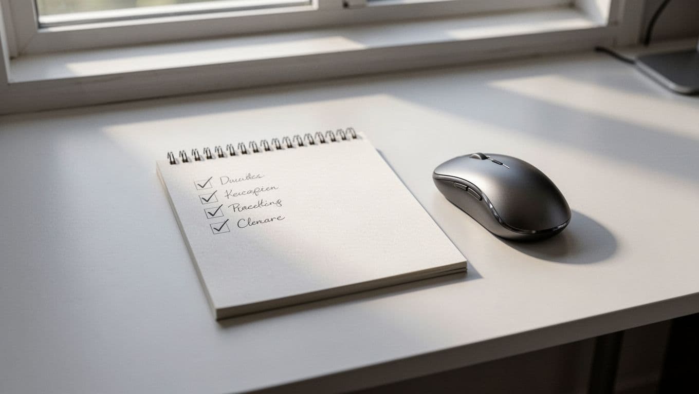 Notepad checklist titled Fix Steps with partial Flag Review and Appeal items next to computer mouse on clean desk.