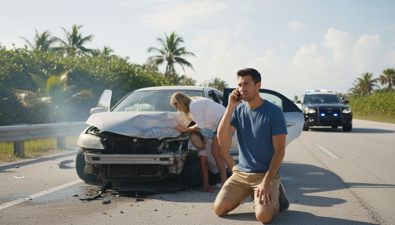 Person calls 911 next to crashed car on Florida road; another helps injured passenger as police approach.