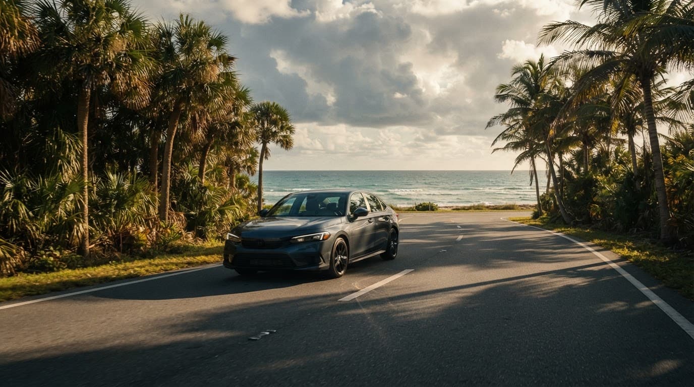A modern sedan drives along a sunny Florida coastal road lined with palm trees.