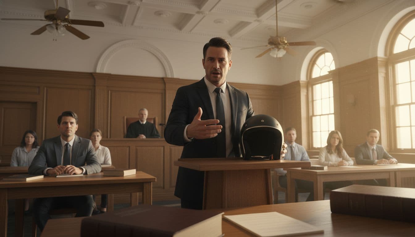 Realistic Florida-style courtroom scene with attorney at podium arguing motorcycle case using helmet prop, visible judge, blurred jury, serious atmosphere, exactly three people visible, no text on documents.