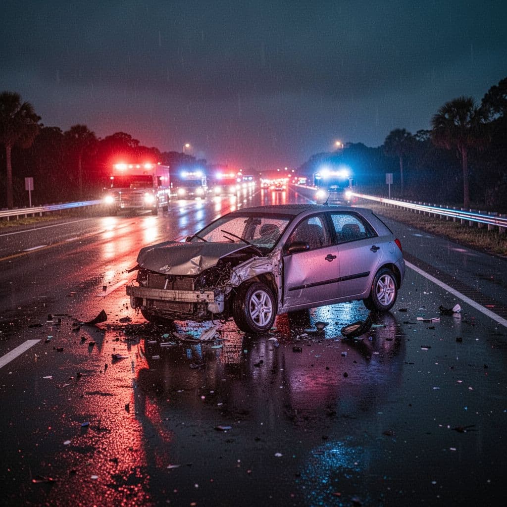 A mangled vehicle sits abandoned on a dark, rain-slicked highway at night. Vibrant red and blue emergency strobe lights cast sharp, moody reflections across the wet asphalt surface after the collision.