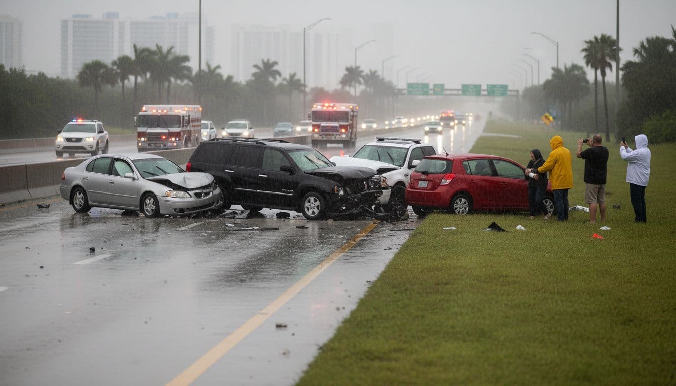 Four cars crashed on wet Florida interstate amid rain, emergency vehicles arrive with flashing lights, drivers on shoulder taking photos, one aiding another.