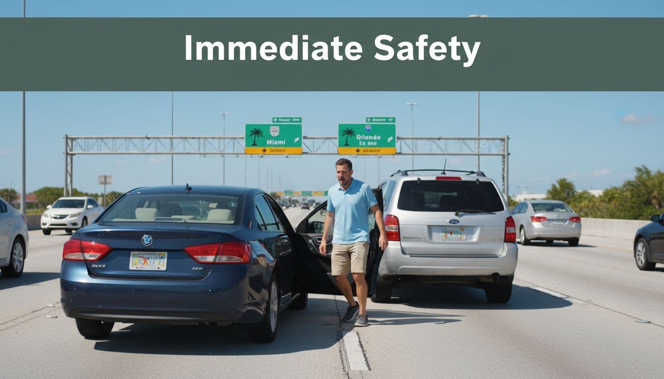 Car stopped on busy Florida highway after rear-end bump, shocked driver steps out to check damage under clear skies, green top banner reads 'Immediate Safety'.