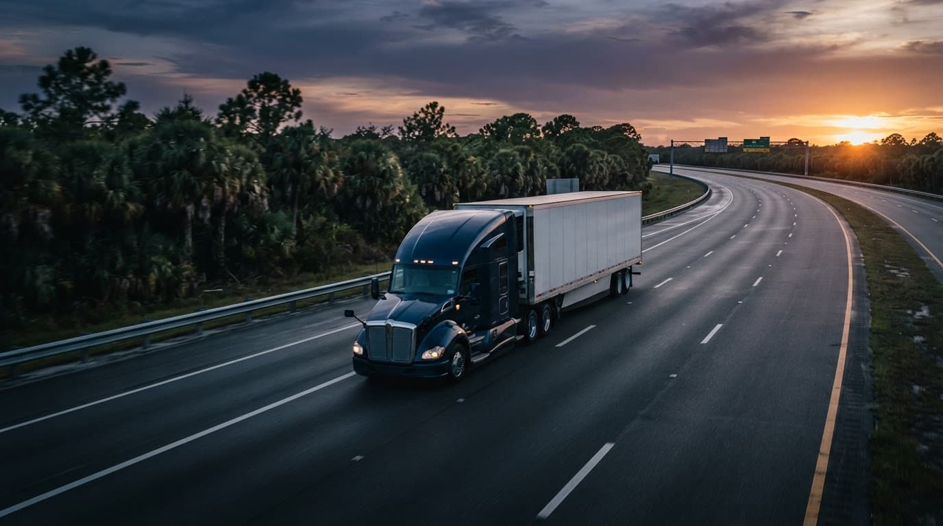 A lone semi-truck drives along a Florida highway at twilight.