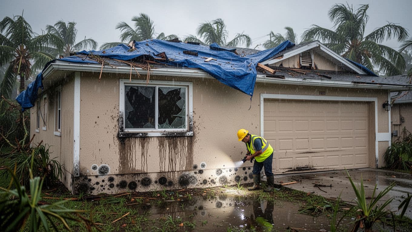 Landscape of a typical Florida single-family home post-hurricane, featuring damaged roof with blue tarp, water stains, early mold spots, standing water, and a lone home inspector examining the foundation with a flashlight amid stormy skies and lush tropical background.