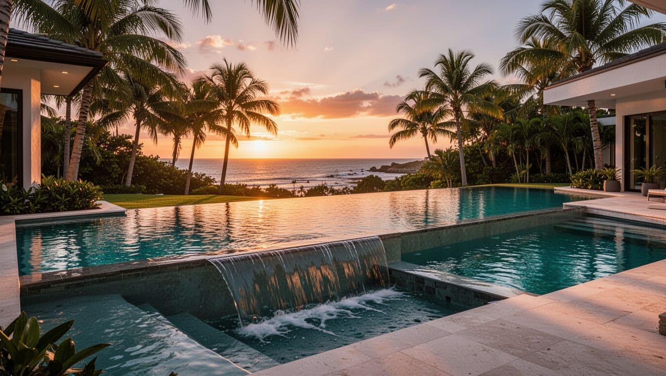 Blue infinity pool overlooking the coast at sunset, surrounded by palm trees.